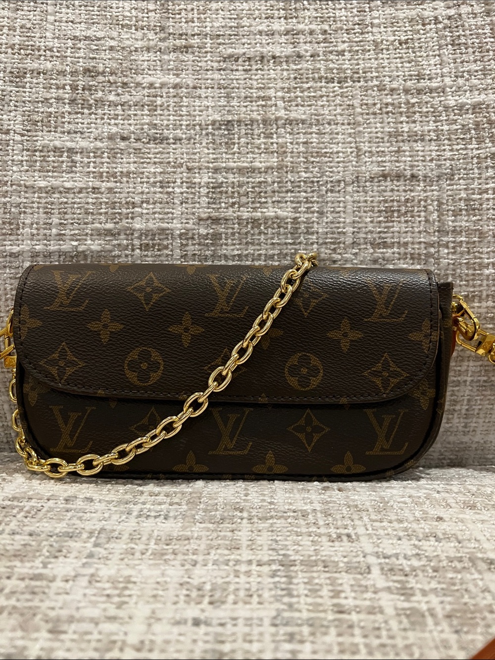 ✨ Chic Brown Monogram Mini Crossbody Bag with Gold Chain ✨
